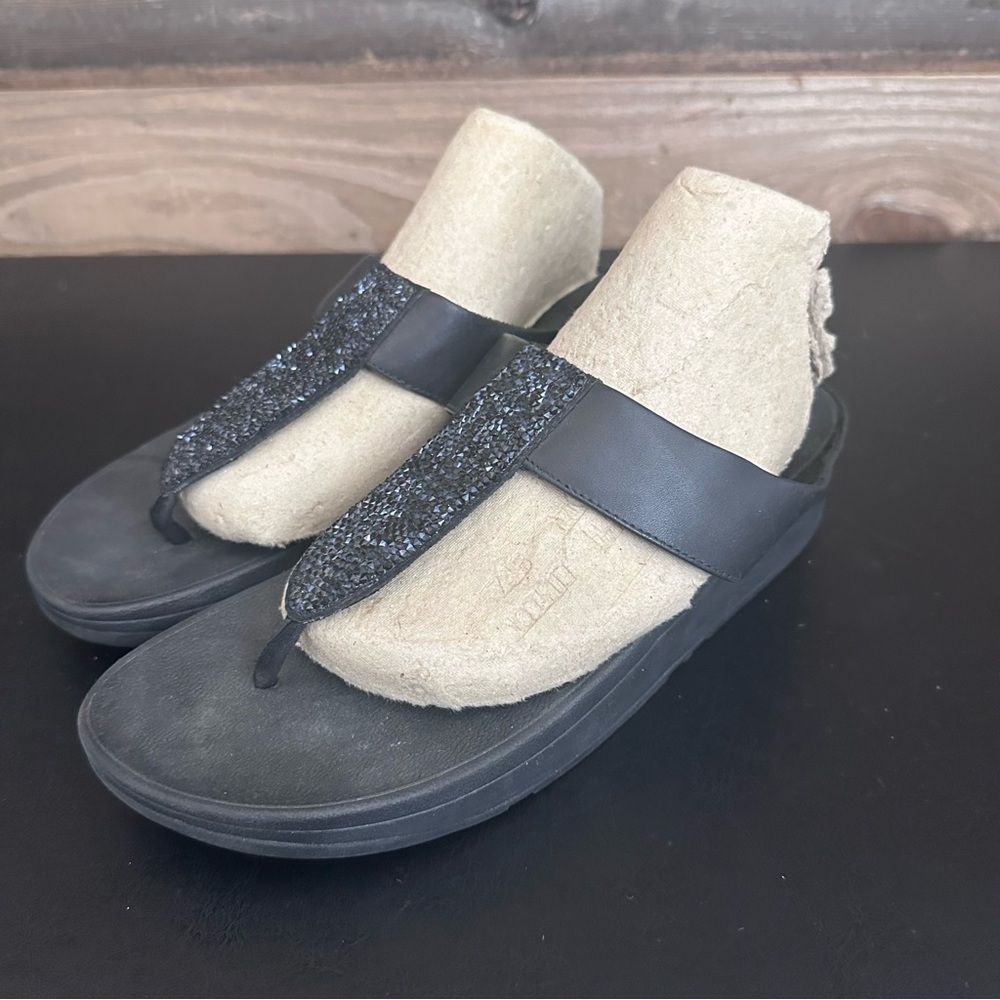 Fitflop Black Sequin Embellished Toe Post Recovery Sandals Slip On Thongs Size 9